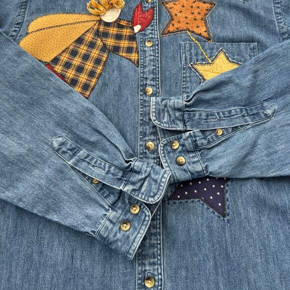 Vintage 90s Lands' End Christmas Americana Embroidered Patchwork Denim Shirt M - Picture 5 of 7